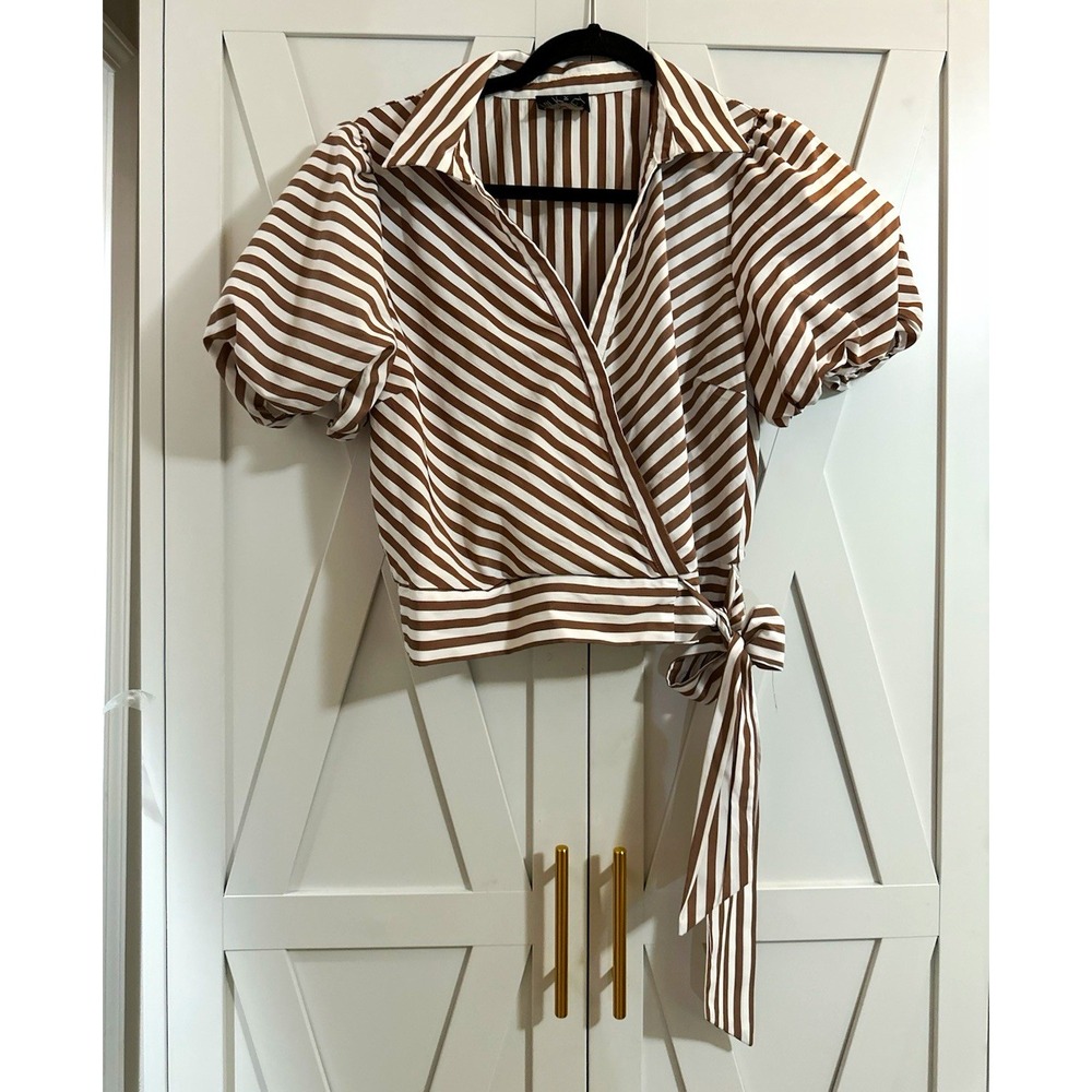 MILK HONEY Women's Collared Striped Wrap Tie Waist Cropped Blouse, Size L